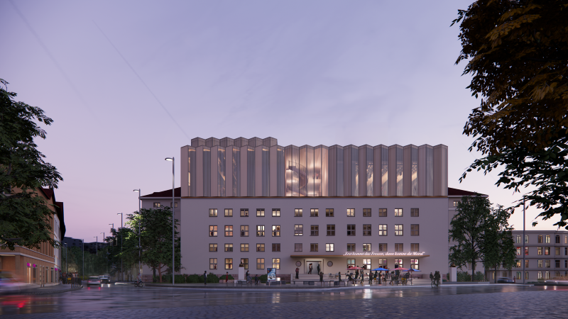 Visualisierung der Südwest-Perspektive aus Richtung Sophienstiftsplatz mit einer überarbeiteten Variante der Gebäudeerweiterung. Die Freifläche wurde dazu ohne bestehende Bäume dargestellt. © 2025 Studio Qwertz